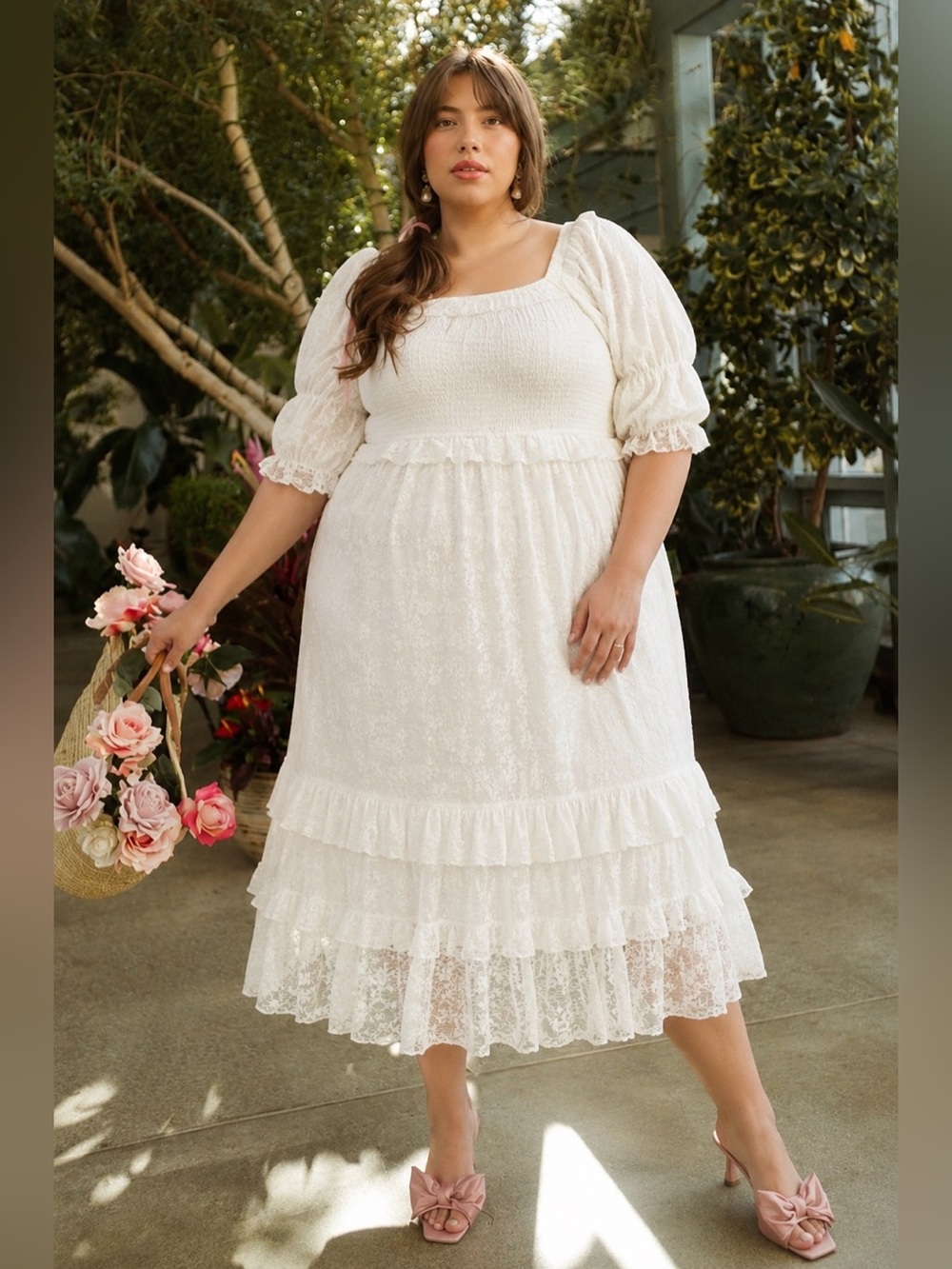 Ivy City Co. snow lace puff sleeve tiered smocked dress in white - XL nwt